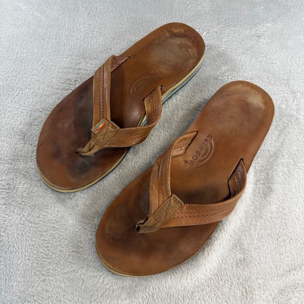 Rainbow Leather Flip Flops Sandals Brown Size 12